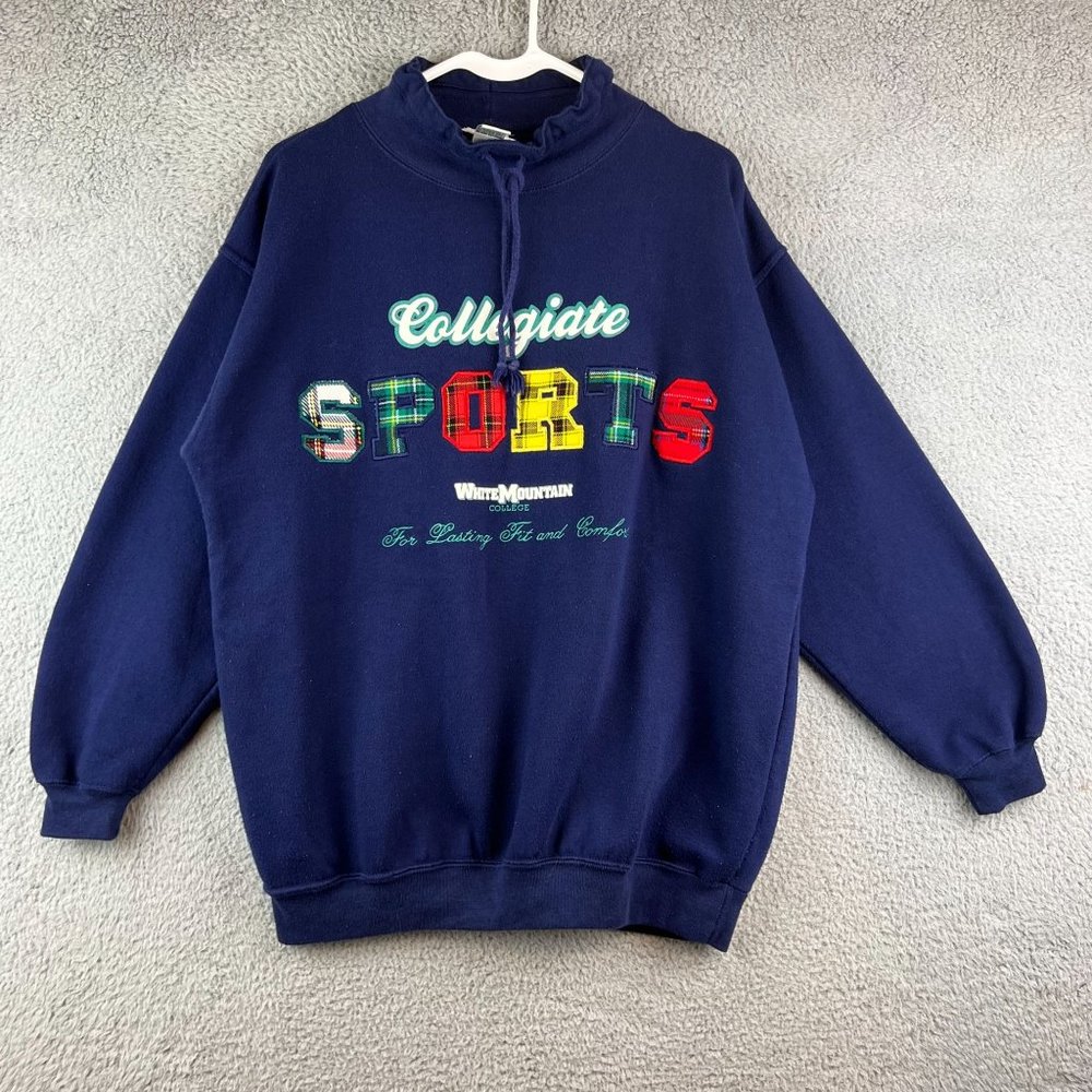 Vintage 90S White Mountain College Collegiate Sports Blue‎ Sweatshirt USA Mens L